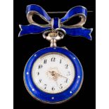 A blue enamelled fob watch of star motif detail: the white enamelled dial with Arabic numerals,