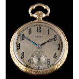 A slim cased 'Gruen' open face pocket watch: the dial with Arabic numerals and subsidiary seconds