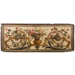 A pair of Continental painted wood panels: with central vase of flowering shrubs flanked by foliate