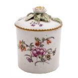 A Derby toilet/pomade pot and cover: of cylindrical form with flower finial,