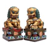 A pair of Chinese carved wood and polychrome decorated lion dogs: with fixed staring eyes and