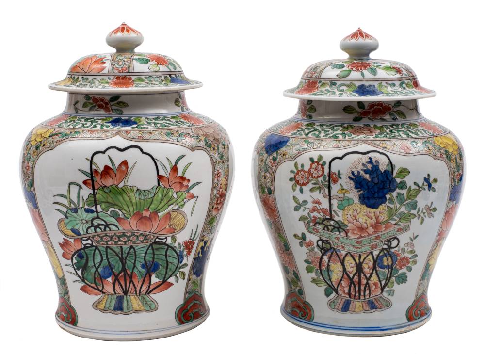 A pair of Samson famille verte baluster vases and covers: decorated in the Kangxi manner with lotus