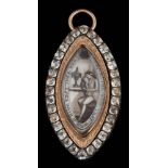 A Georgian paste-set navette-shaped, sepia mourning pendant: depicting a gentleman and urn,