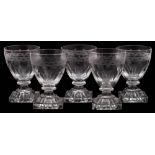 A set of five glass rummers: each bowl with an engraved and frosted band,