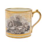 A Miles Mason porcelain coffee can: bat printed with two panels depicting cupids with a dove and