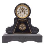 A French black marble mantel clock with visible pendulum: the eight-day duration movement striking