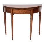 A George III mahogany and inlaid half round tea table:, crossbanded in Kingwood,