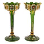 A pair of Bohemian green and white overlay glass lustre vases: of petal form,