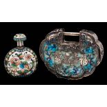 A Chinese silver and enamel lock: of cartouche-shaped outline, 8.5cm.