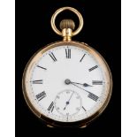 A gentleman's 18ct gold open face pocket watch: the white enamelled dial with Roman numerals and