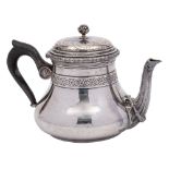 A French silver teapot: of squat globular form, with banded floral decoration, 17cm.