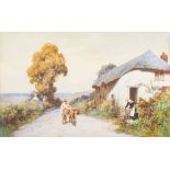 John White [1851-1933]- Fisherman delivering fish at a thatched cottage,:- signed, watercolour,