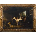 After George Morland, 19/20th Century- A stable interior,:- bears signature top right oil on canvas,