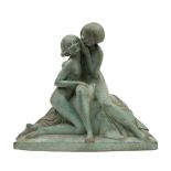 A French Art Deco bronze patinated terracotta group: of two playful Nymphs seated on drapery,