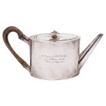 A George III silver teapot, maker's mark overstruck, London, 1796: inscribed, of plain oval outline,