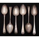 Six assorted George III and later silver Old English pattern table spoons,
