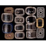 Four pairs of 19th century steel and leather shoe buckles: with cut steel decoration,