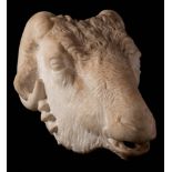 A carved white marble life-size ram's head fountain: in the Hellenic style, with open mouth, 24cm.