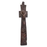 A carved wood crucifix, possibly missionary: with incised decoration of spear, ladder,