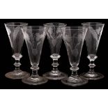 A group of five dwarf ale glasses: the funnel bowls engraved with fruiting hops and barley,