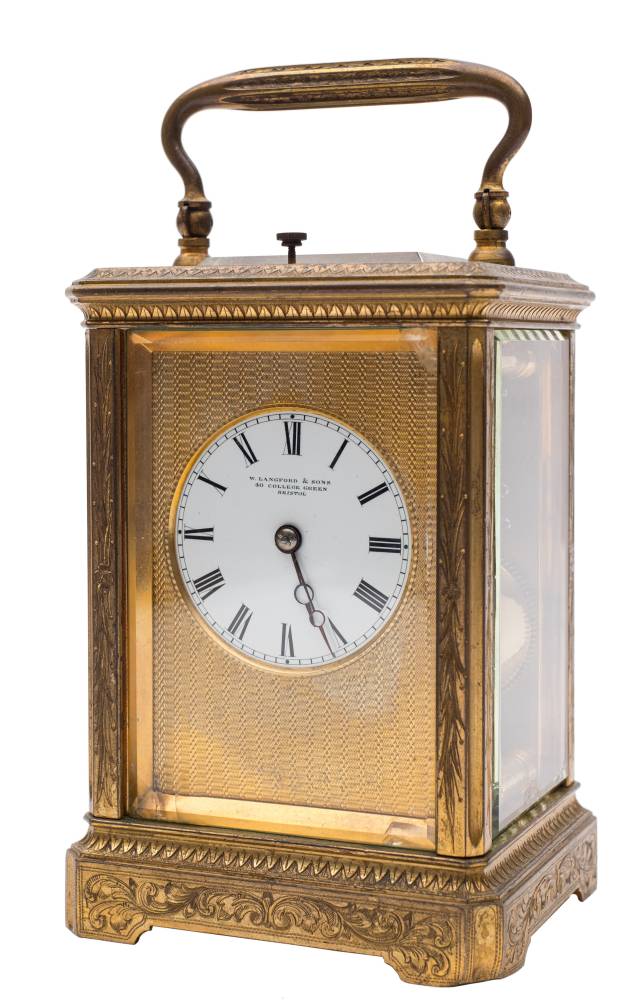 A French engraved carriage clock: the eight-day duration movement having a silvered platform lever