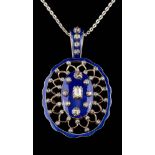 A blue enamel and diamond-set oval open-work pendant: with central table-cut diamond approximately