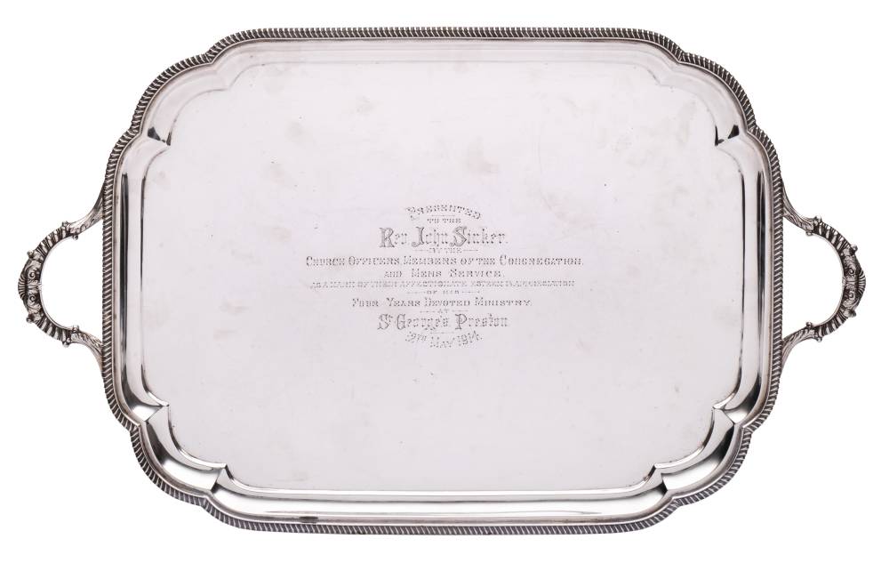 A George V silver serving tray, maker John Hunt, London, 1913: inscribed,