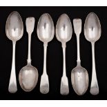 Five assorted George III and later Fiddle pattern tablespoons, various makers and dates: initialled,