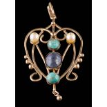 An Art Nouveau style, multi-stone-set heart-shaped pendant: set with cultured pearls,