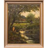 Henry John Yeend-King [1855-1924]- Figures and cattle in a stream meadow,:- signed, oil on canvas,