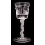 An engraved wine glass: the bucket shaped bowl engraved with a chinoiserie scene with figures,