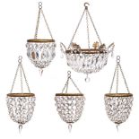 A late 19th/early 20th century gilt metal basket chandelier: with gilded foliate decorated corona