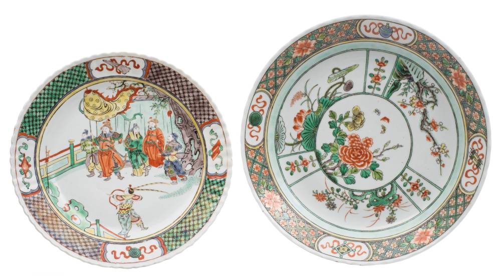 Two Chinese famille verte dishes: in the Kangxi manner, one painted with dignitaries,
