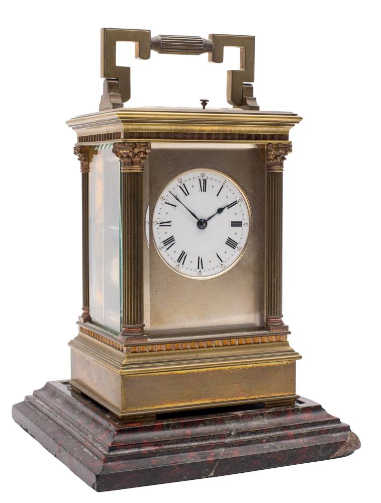 A French Anglaise carriage clock: the eight-day duration movement having a silvered platform lever