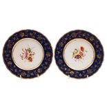 A pair of Rockingham dessert plates: each painted with a floral bouquet within a blue ground basket