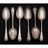 Six George II and George III English silver Hanoverian pattern tablespoons,