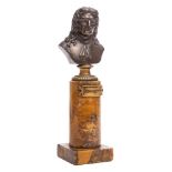 A miniature bronze bust entitled 'Lafontaine' : the gentleman wearing a waistcoat and cravat,