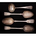 Three George III and later Fiddle pattern tablespoons, various makers and dates: initialled,