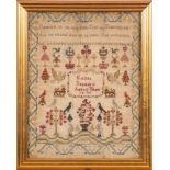 A William IV needlework sampler: with verse, the central cartouche surrounded by flowering shrubs,