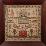 An early Victorian needlework sampler: with central verse enclosed by a house, birds, cats,