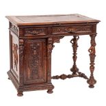A late 19th Century Italian carved walnut kneehole desk: of broken outline,