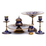 A 19th century French gilt brass and jewelled enamel five-piece desk set: bordered with flowerheads