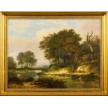English School Circa 1830,- Wooded river scene; figure and fisherman in the foreground,