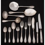 A French silver part flatware service, stamped 800, : initialled, includes six table forks,