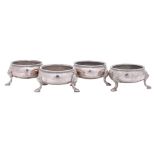 A set of four George III silver cauldron salts, maker David Hennell I, London, 1760: crested,