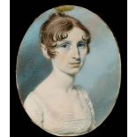 English School Circa 1800- A miniature portrait of a young lady, head and shoulders,