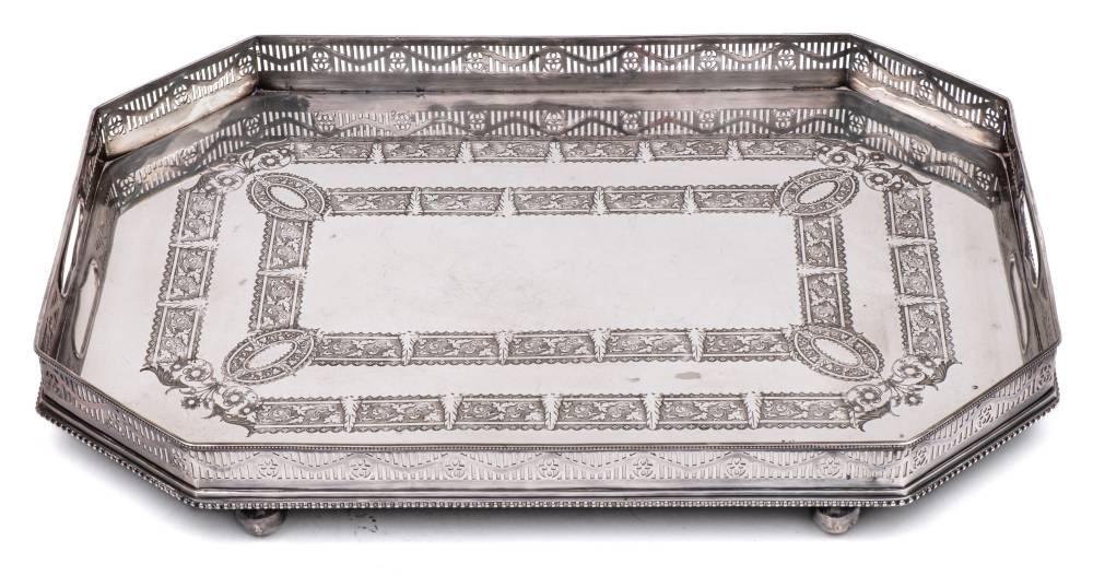 A silver plated rectangular galleried tray: with canted corners,