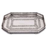 A silver plated rectangular galleried tray: with canted corners,