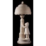 A Victorian alabaster figural table lamp: of a young girl drinking from a fountain,