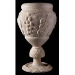 A late Victorian alabaster table lamp: of ovoid outline with low relief decoration of grapes and